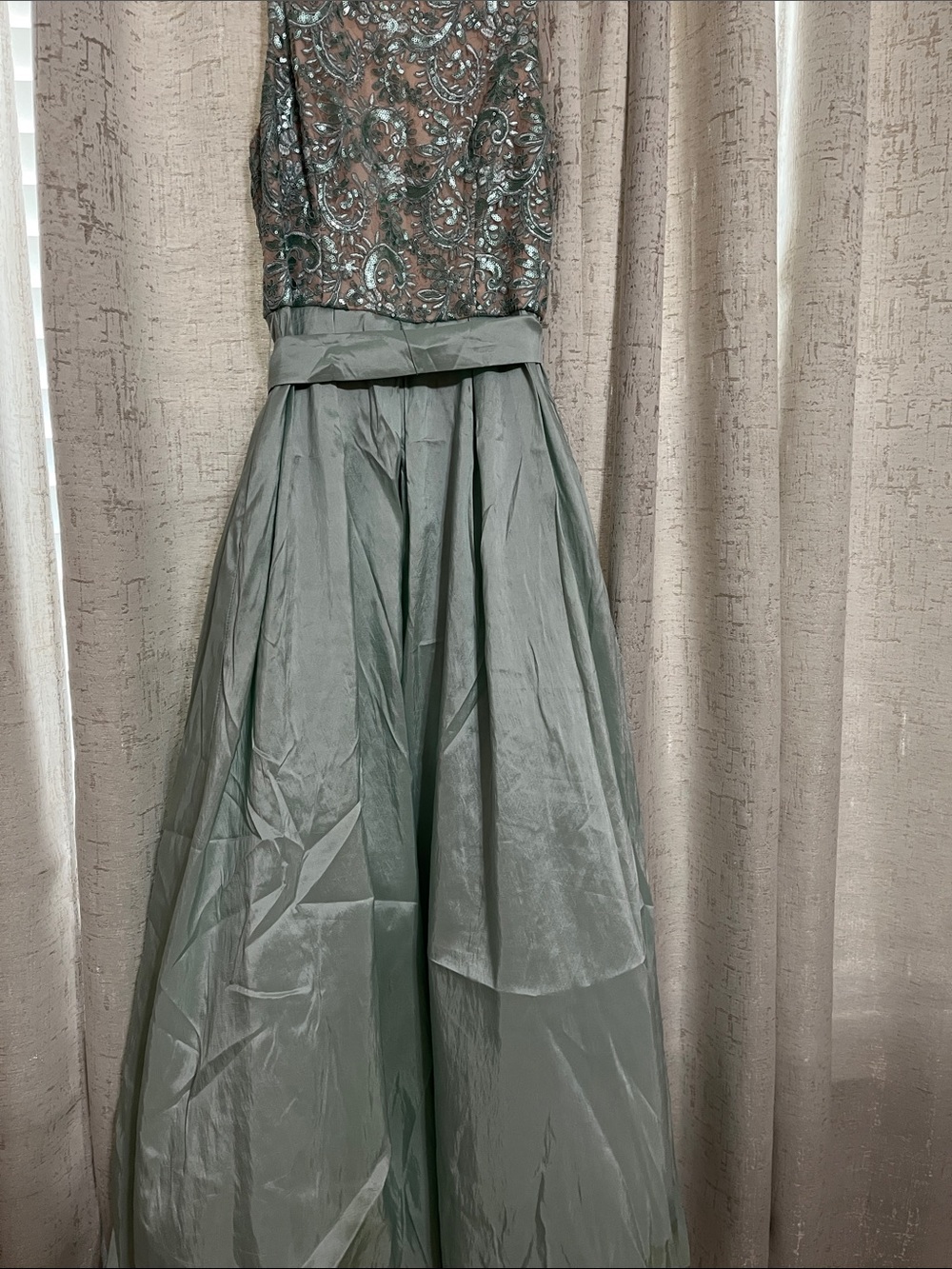 Eliza J Embroidered Bodice A-Line Prom Dress in Sage Green